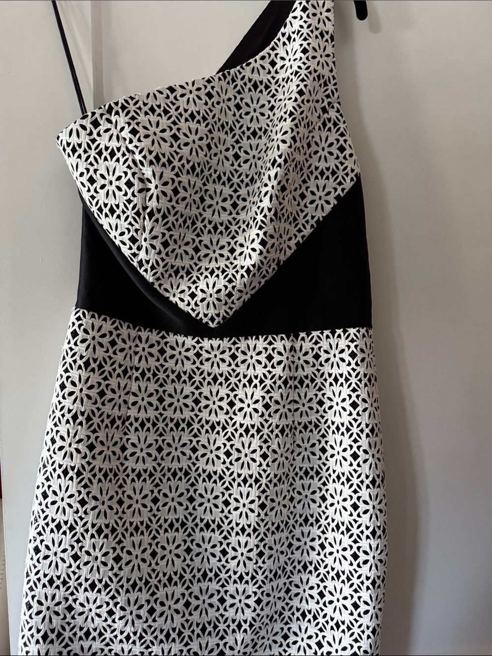 Theia Black and White One-Shoulder Floral Lace Dress